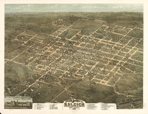 Fågelperspektiv över staden Raleigh, North Carolina 1872. av C. N. Drie