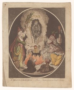 Tecknad film om freden i Amiens, 1802 En Phantasmagoria; - Scen - Trolla fram ett beväpnat skelett (titel på objekt) av C. Starcke