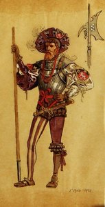 An Armored Courtier, kostymdesign för As You Like It, producerad av R.Courtneidge på Princes Theatre, Manchester av C. Wilhelm