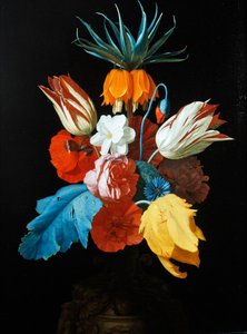 En bukett blommor i en skulpterad vas (olja på panel) av C. van der Radt