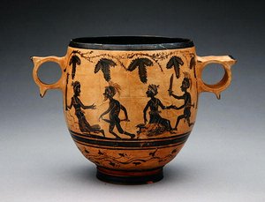 Skyphos med parodiscener, ca 430-410 f.Kr. (keramik) (se även 307555) av Cabirian