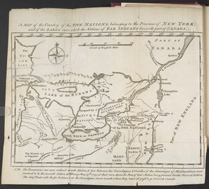 En karta över de fem nationernas land, tillhörande provinsen New York; och av sjöarna nära vilka nationerna av fjärrindianer bor, med en del av Kanada av Cadwallader Colden