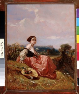 Ung flicka i hatten framför Sainte Mountain Victoire-målningen av Camille Roqueplan (1803-1855) Dim. 18x23 cm Obligatoriskt omnämnande: Samlingsstiftelsens hälsningar från Provence, Marseille