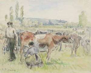 Kompositionsstudie av en mjölkningsscen i Eragny-sur-Epte, 1884 (akvarell över svart krita) av Camille Jacob Pissarro