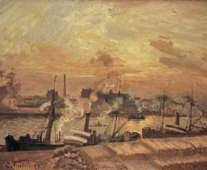 Lossning av ved, Quai de la Bourse, solnedgång, 1898. av Camille Jacob Pissarro