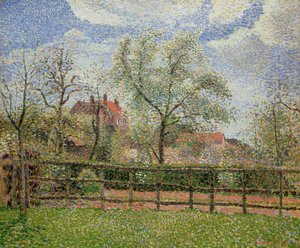 Päronträd och blommor i Eragny, morgon, 1886 av Camille Jacob Pissarro