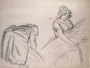 Studie av två kvinnliga skördearbetare, 1882 (svart krita på rosa papper med vitt) av Camille Jacob Pissarro