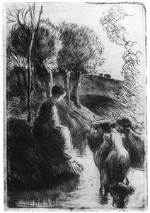 Vachere au Bord de Leau, Koherde vid vattnet, c1850-1900 1924 av Camille Jacob Pissarro