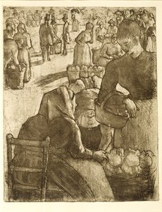 Grönsaksmarknad i Pontoise, 1891 (mjukmald etsning och akvatint) av Camille Jacob Pissarro