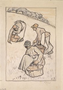 Kvinnor som renar gräset (penna och bläck med wc över kol på papper) av Camille Jacob Pissarro
