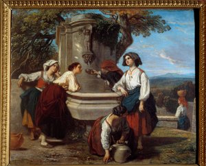 Ossaloises vid fontänen Bönder från Ossaudalen träffas för att diskutera vid fontänen. Målning av Camille Roqueplan (1803-1855)