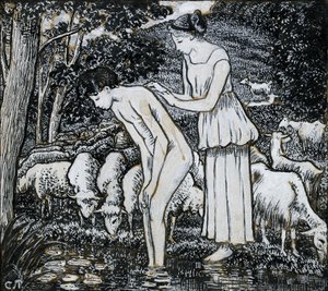 Chloë tvättar Daphnis vid en bäck, kompositionsstudie för en illustration, c1895 av Camille Pissarro