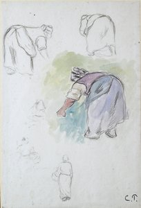 Studieark: fyra studier av en kvinnlig bonde som böjer sig och två studier av en kvinna som håller en bas av Camille Pissarro