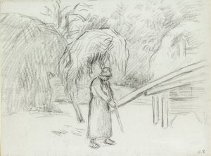 Studie av en kvinnlig bonde som bär ett lass hö på gården vid Foucault, c1875 av Camille Pissarro