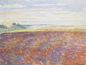 Studie av ett landskap med en plöjd åker, Eragny-sur-Epte, c1886-1890 av Camille Pissarro