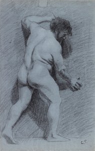 Studie av en manlig naken poserad mot en vägg sett i profil vänd åt höger, 1856-1860 av Camille Pissarro