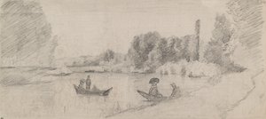 Studie av ett flodlandskap med båtar, 1863-1864 av Camille Pissarro