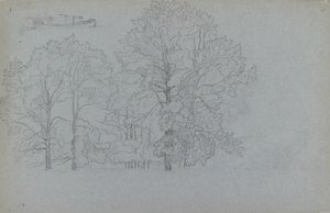 Studie av träd, med en liten studie av en pråm, 1859 av Camille Pissarro