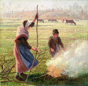 White Frost, kvinna som bryter trä av Camille Jacob Pissarro