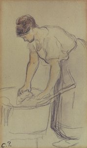 Kvinna tvättar tvätt (akvarell och penna på papper) av Camille Pissarro