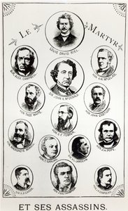 Louis Riel (1844-85) och hans lönnmördare, illustration från Le Gibet de Regina, publicerad 1886