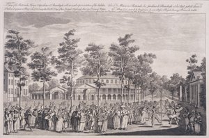 Utsikt över Rotundan, Ranelagh House, vid en bal för att fira födelsedagen för HRH, prinsen av Wales, 24 maj 1751, graverad av Parr av Canaleti