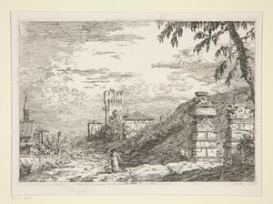 Landskap med torn och två förstörda pelare, från serien Vedute (Views) av Canaletto (Giovanni Antonio Canal)