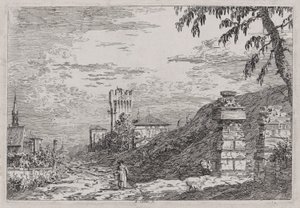 Landskap med torn och två förstörda pelare, från serien Vedute (Views) av Canaletto (Giovanni Antonio Canal)