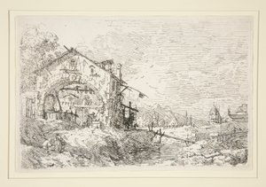 Landskap med en kvinna vid en brunn, från serien Vedute (Views) av Canaletto (Giovanni Antonio Canal)