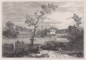 View of a Town on a River Bank, från serien Vedute (Views) av Canaletto (Giovanni Antonio Canal)