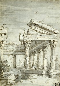 Capriccio: Ett förstört klassiskt tempel av Canaletto