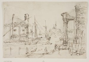 Capriccio med klassiska ruiner på en kaj, ett sjöbod, två galärer, två master på ett segelfartyg bakom dem, en kupolformad kyrka i bakgrunden av Canaletto