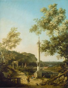 Engelsk landskap Capriccio med en kolumn av Canaletto