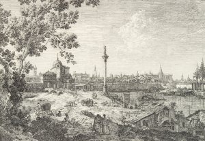 Imaginary View of Padua, med en campanile och kupolformad kyrka till vänster, en kolonn övergick..., 1735-46. av Canaletto