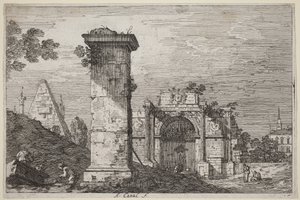 Landskap med monumentruiner av Canaletto