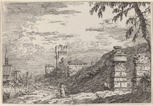 Landskap med torn och två förstörda pelare, ca. 17351746. av Canaletto