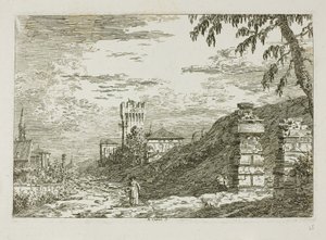 Landskap med torn och två förstörda pelare, från Vedute av Canaletto