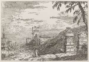 Landskap med torn och två förstörda pelare [vänster], ca. 17351746. av Canaletto