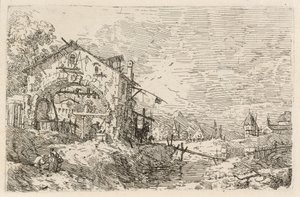 Landskap med en kvinna vid en brunn, ca. 1740. av Canaletto
