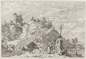 Landskap med pilgrimen vid bönen [övre till vänster], ca. 17351746. av Canaletto