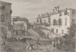 Le porte del Dolo: den ovala bassängen för slussarna vid Dolo, med en pråm förtöjd vid kajen..., 1735-46. av Canaletto