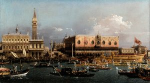 The Bucintoro at the Molo on Ascension Day av Canaletto