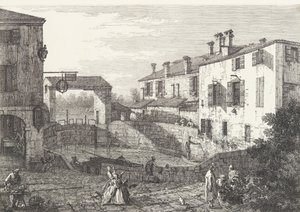 The Locks at Dolo, en oval-formad bassäng med båtar i mitten, byggnader på båda sidor,..., 1735-46.