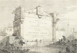 Titelblad med en stor vägg av en klassisk ruin, med en figur sittande till höger i..., 1735-46. av Canaletto
