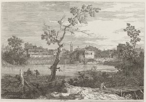 Utsikt över en stad på en flodstrand, ca. 17351746. av Canaletto