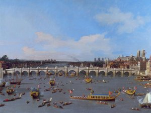 Westminster Bridge, med borgmästarens procession på Themsen av Canaletto