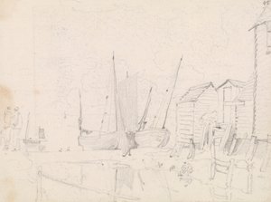 Skiss över strandade segelbåtar och styltstugor, Hastings av Capt. Thomas Hastings