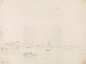 Skiss av båtar och en stor byggnad, från andra sidan Medinafloden av Capt. Thomas Hastings