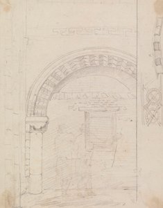 Skiss av figurer som står under en stenbåge av Capt. Thomas Hastings