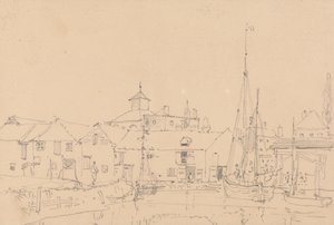 Skiss över segelbåtar förtöjda i anslutning till en by av Capt. Thomas Hastings